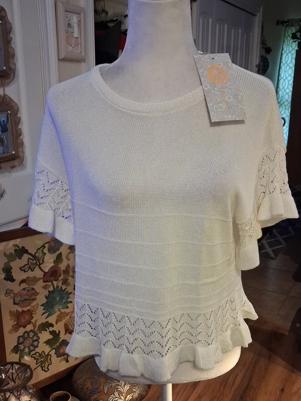 A New White Ruffle Sleeve Knit Top Size S By Tasamo